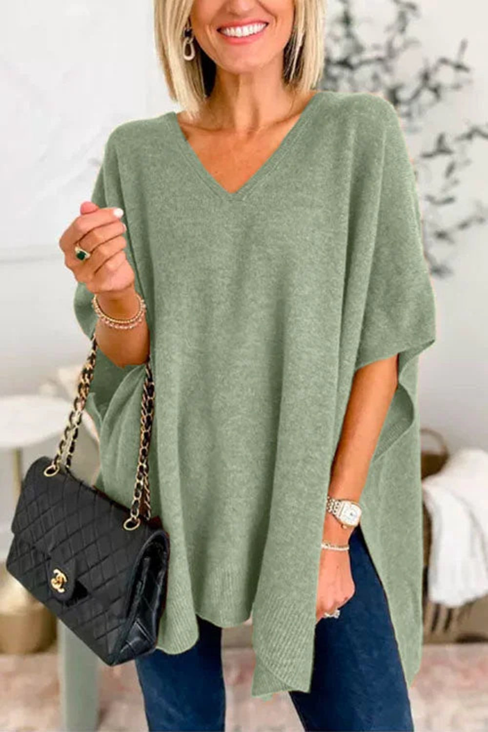 Slit V-Neck Half Sleeve Knit Top - Charming Charlie