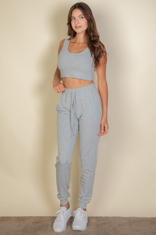 French Terry Cropped Tank Top & Joggers Set - Charming Charlie