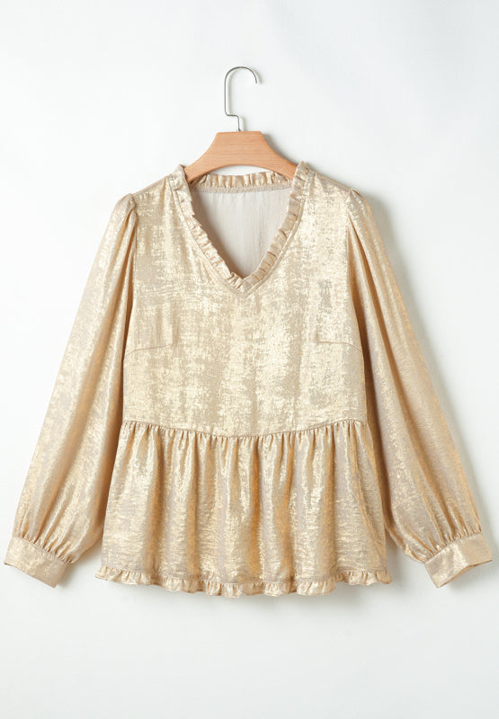 Frill Peplum V-Neck Long Sleeve Blouse - Charming Charlie