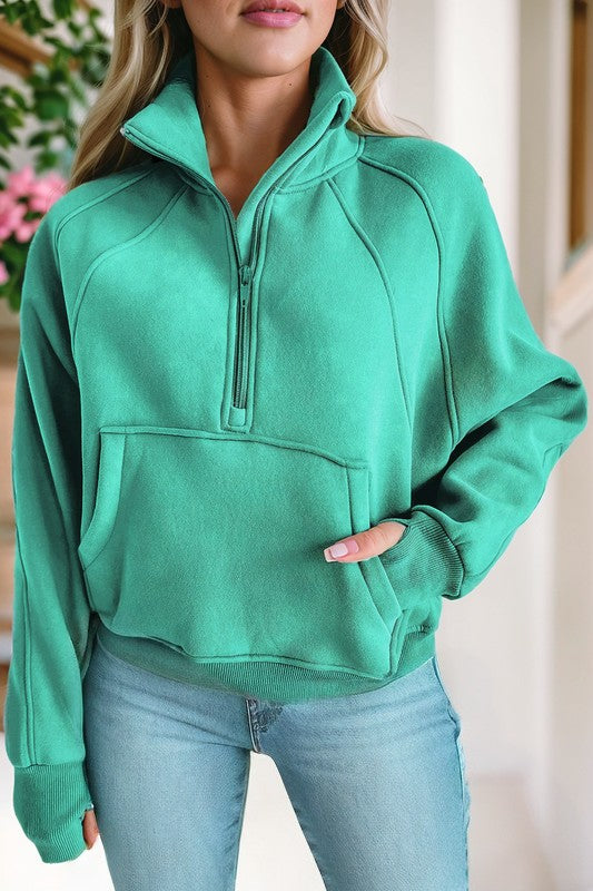 Stand Collar Ribbed Thumbhole Sleeve Sweatshirt - Charming Charlie