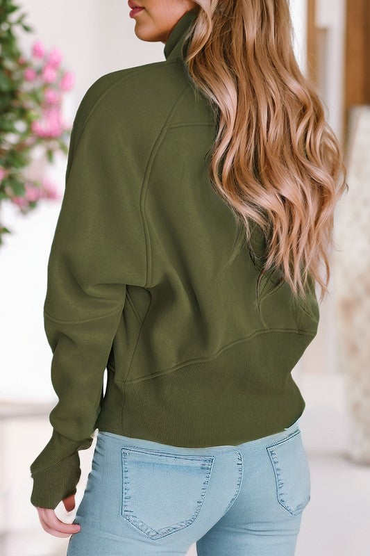 Stand Collar Ribbed Thumbhole Sleeve Sweatshirt - Charming Charlie