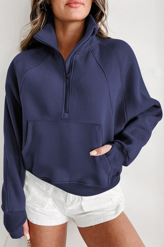 Stand Collar Ribbed Thumbhole Sleeve Sweatshirt - Charming Charlie