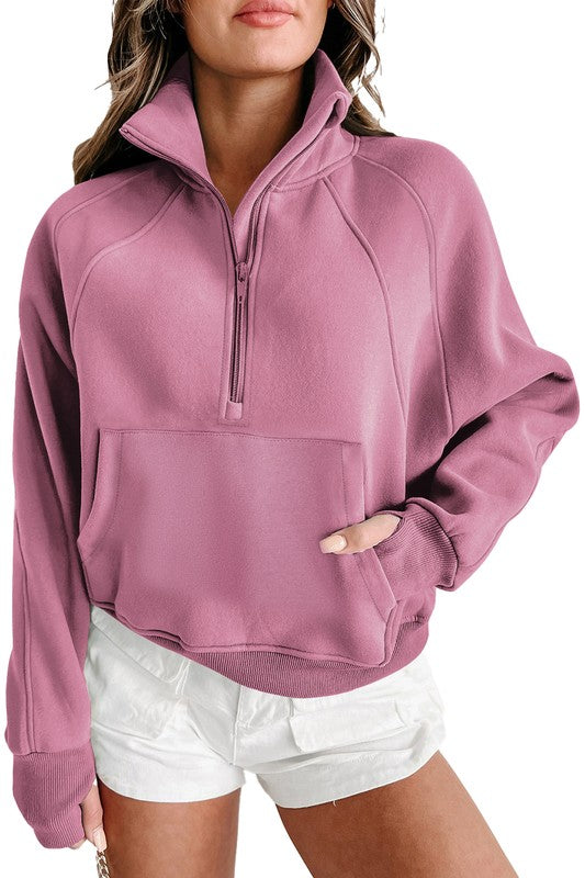 Stand Collar Ribbed Thumbhole Sleeve Sweatshirt - Charming Charlie