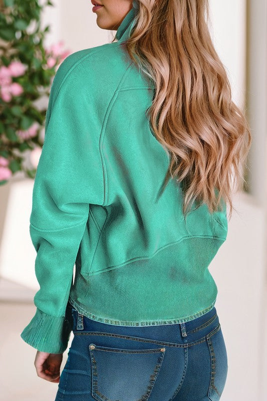 Stand Collar Ribbed Thumbhole Sleeve Sweatshirt - Charming Charlie