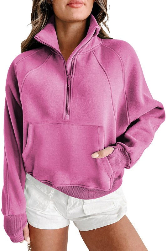 Stand Collar Ribbed Thumbhole Sleeve Sweatshirt - Charming Charlie
