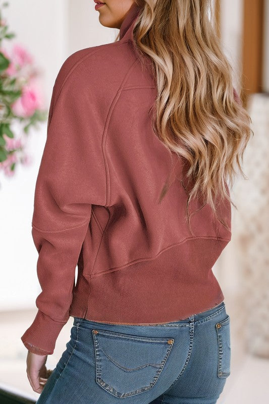 Stand Collar Ribbed Thumbhole Sleeve Sweatshirt - Charming Charlie