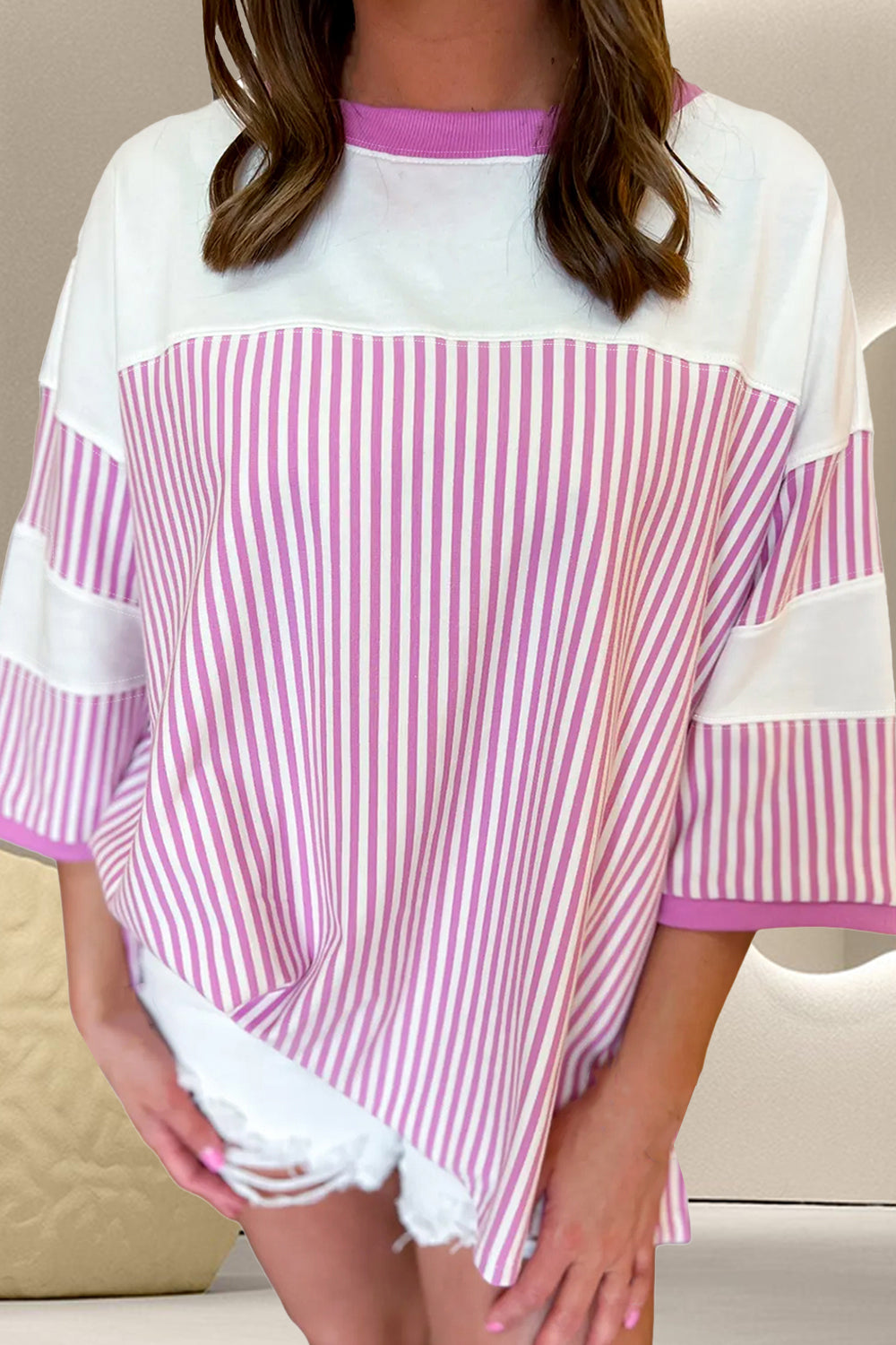 Striped Round Neck Three-Quarter Sleeve T-Shirt - Charming Charlie