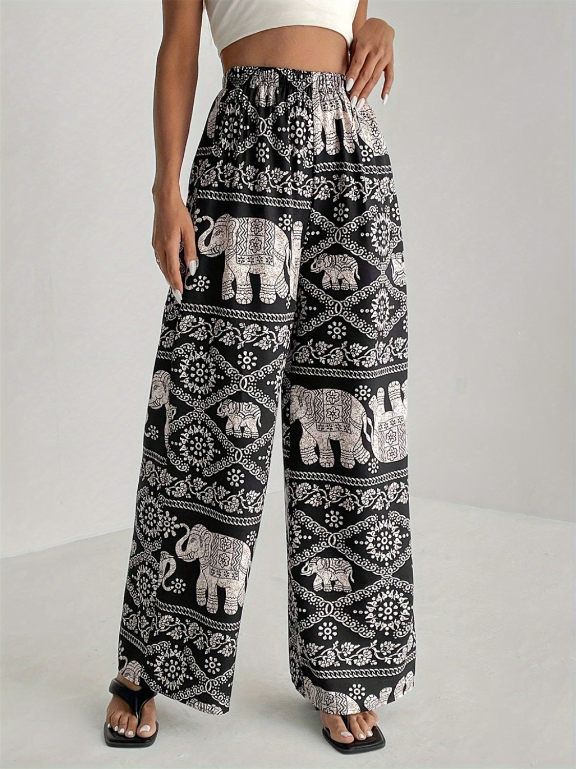Printed Wide Leg Elastic Waist Pants - Charming Charlie