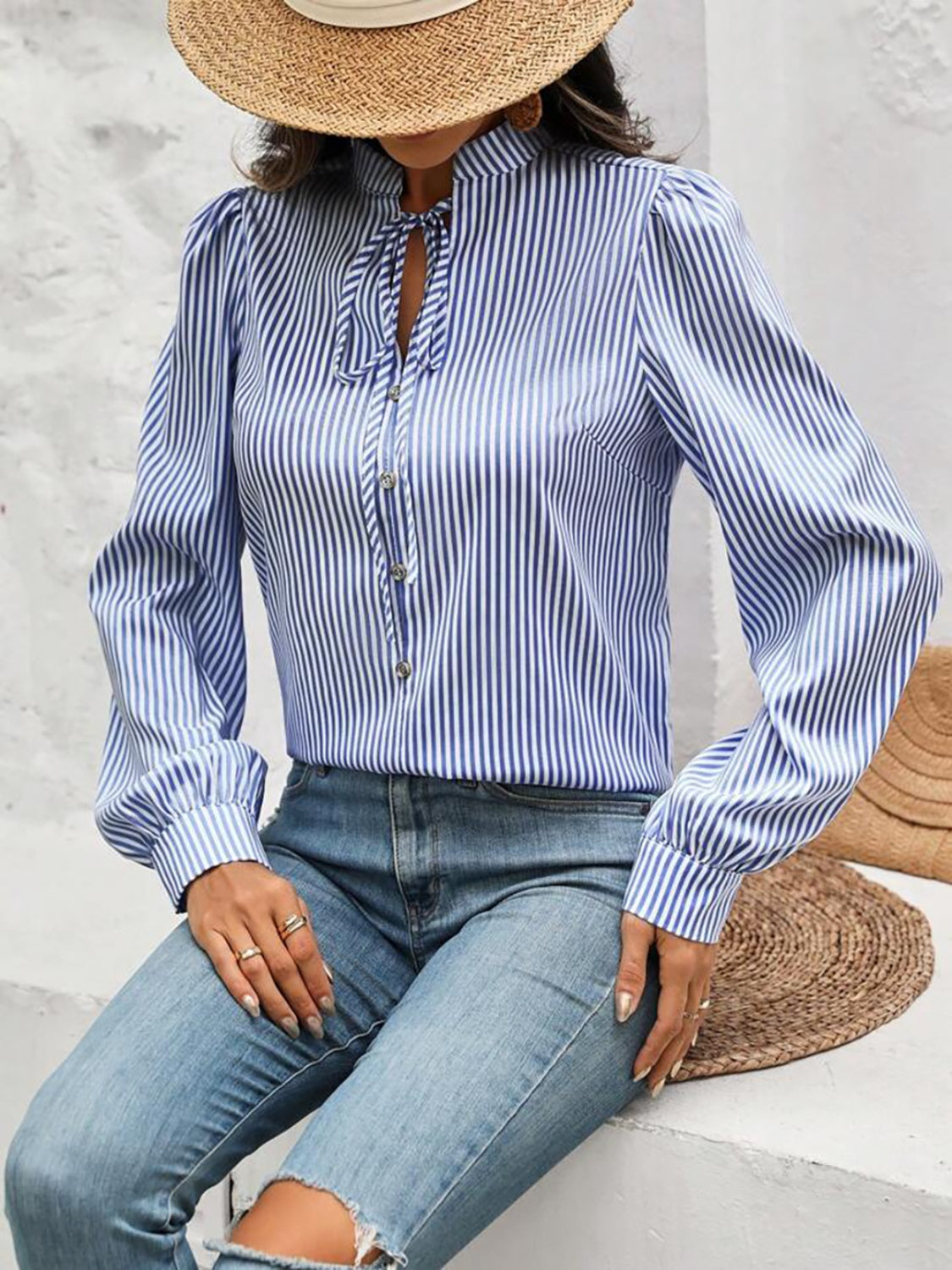 Striped Tie Neck Long Sleeve Blouse - Charming Charlie