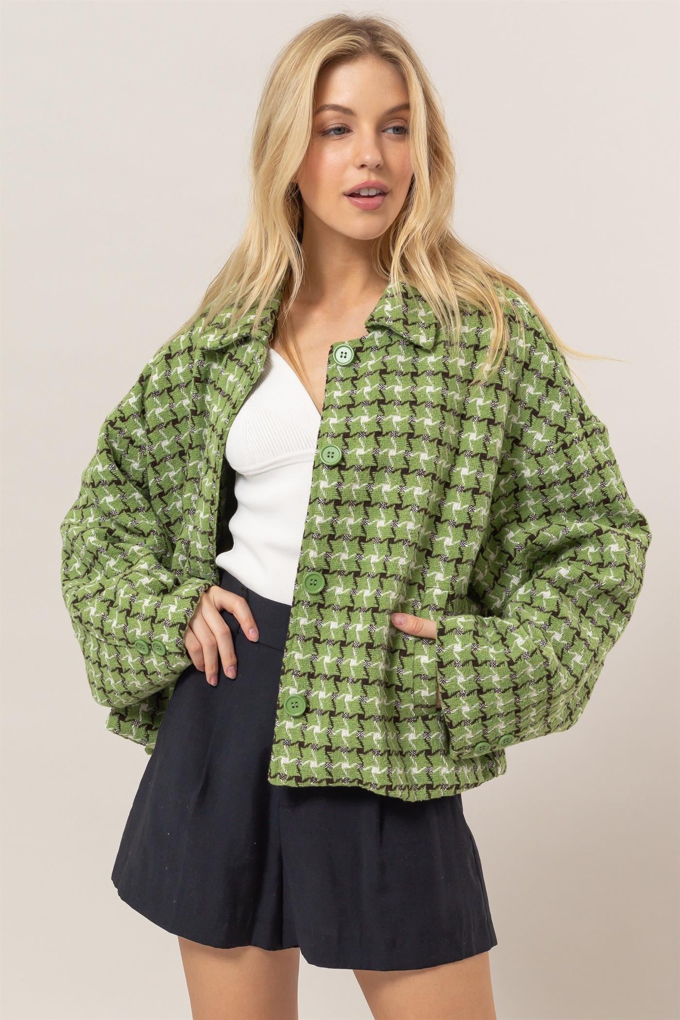 HYFVE Tweed Plaid Button Up Collared Neck Jacket - Charming Charlie