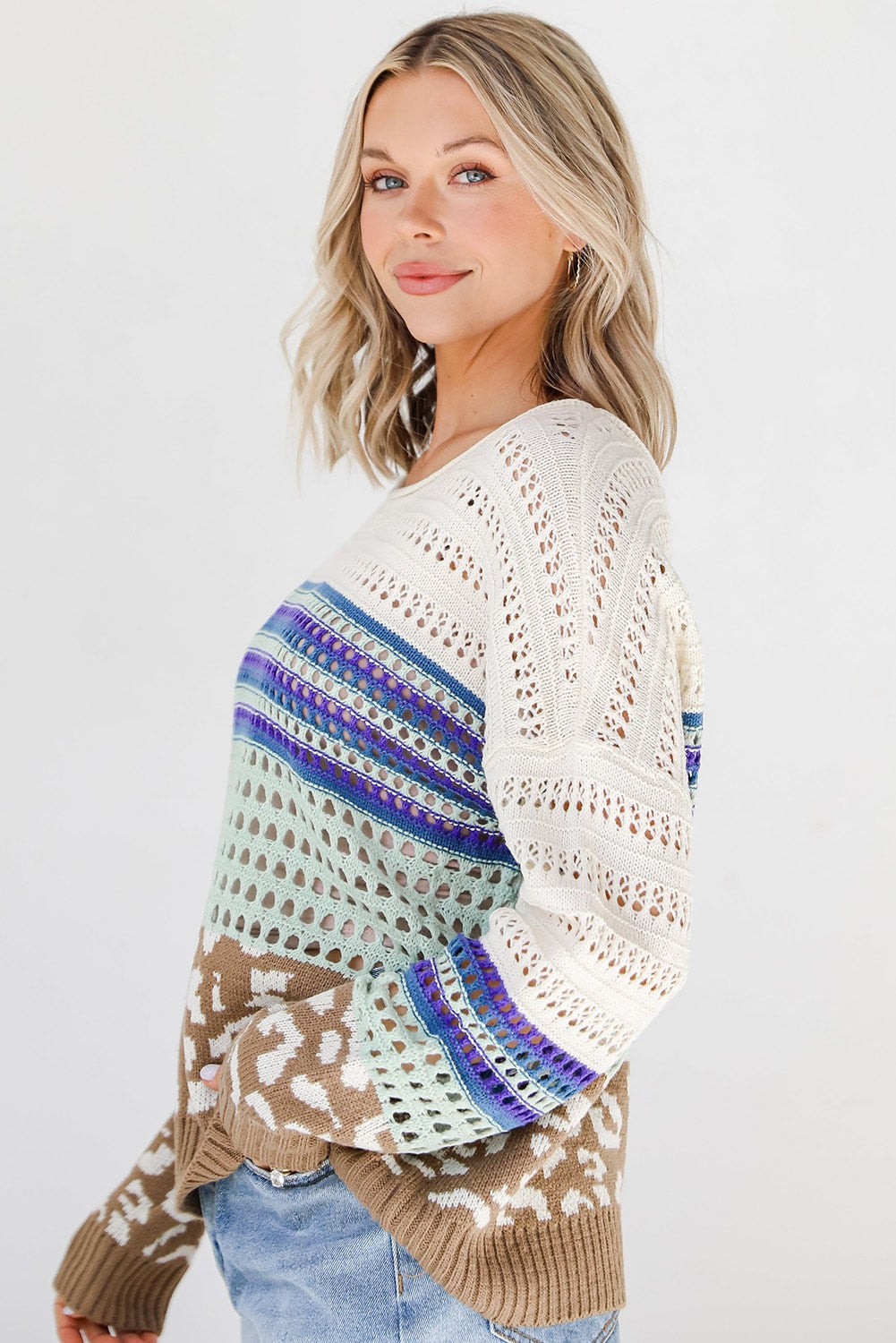 Leopard Striped Round Neck Crochet Knit Top - Charming Charlie