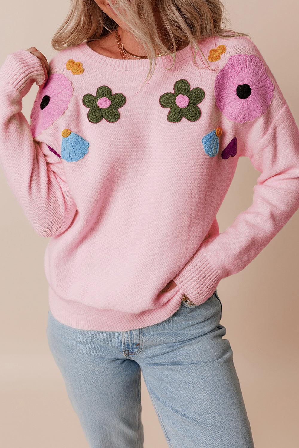 Crochet Flower Round Neck Dropped Shoulder Sweater - Charming Charlie