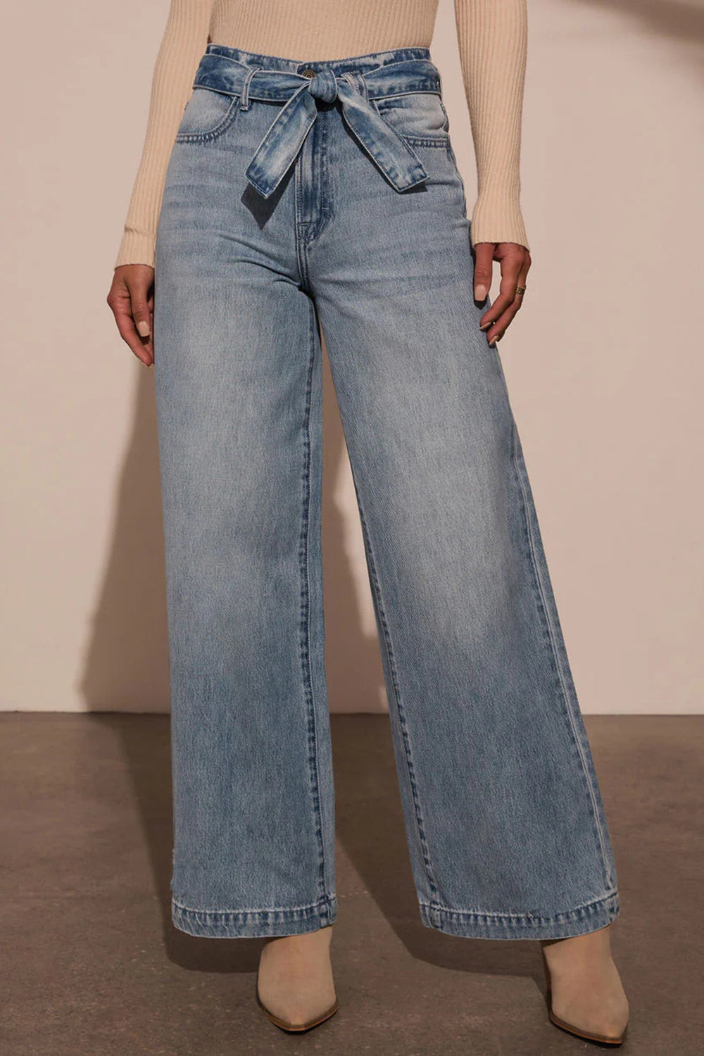 Tied Wide Leg Jeans with Pockets - Charming Charlie