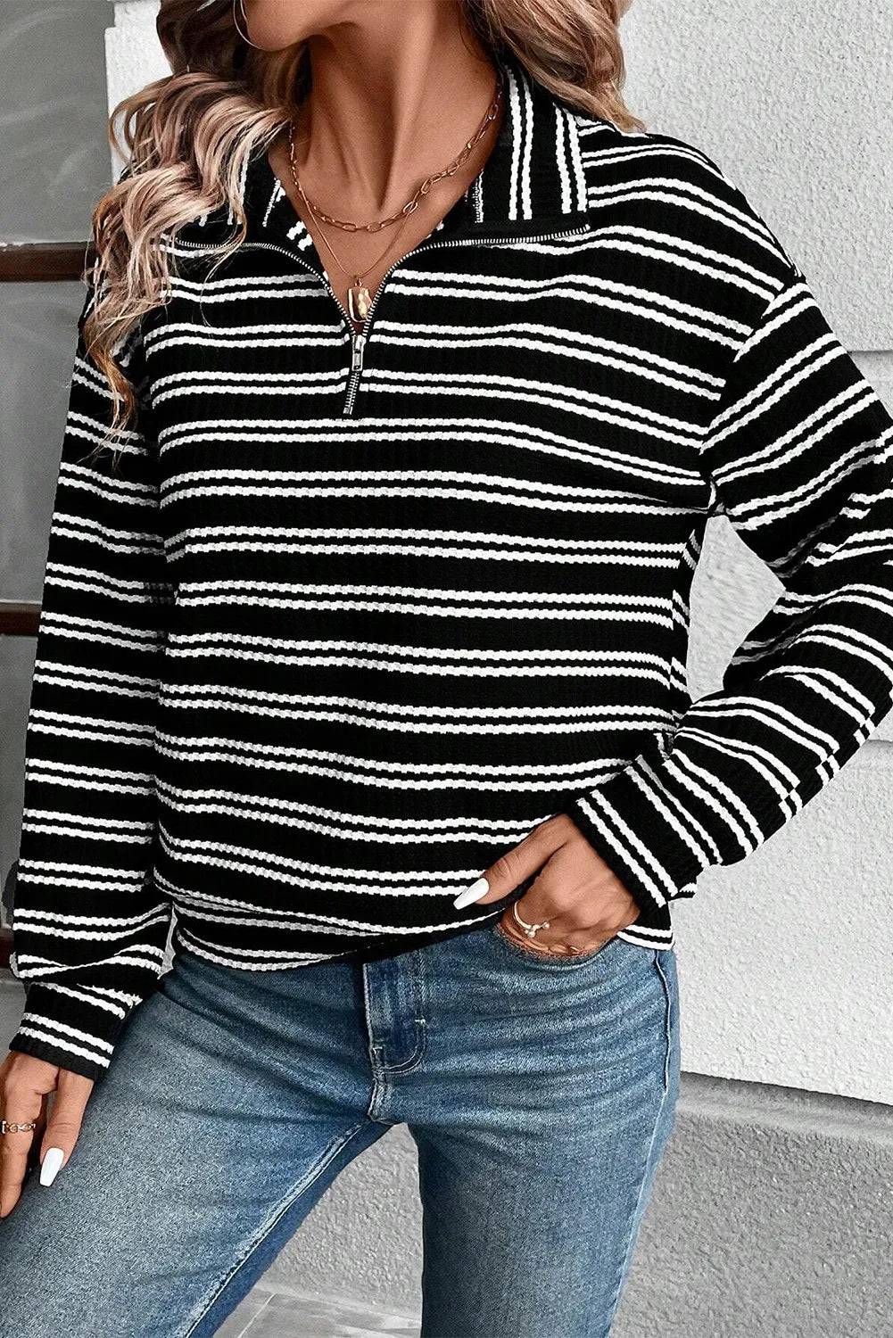 Striped Half Zip Long Sleeve Top - Charming Charlie