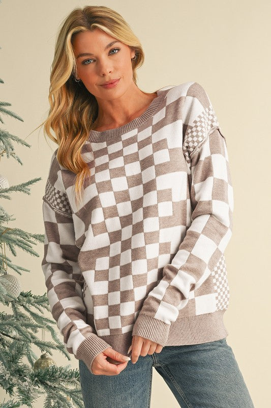 Checkered Drop Shoulder Round Neck Sweater - Charming Charlie