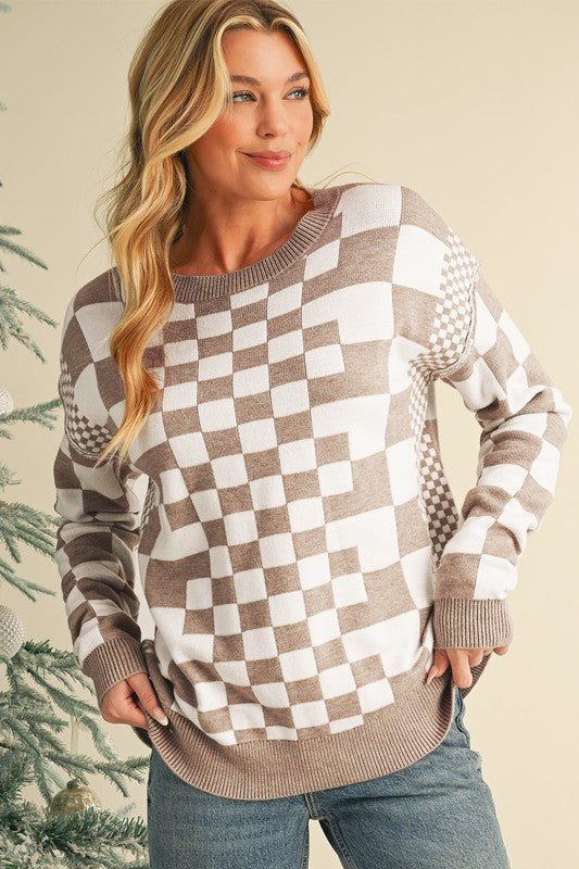 Checkered Drop Shoulder Round Neck Sweater - Charming Charlie