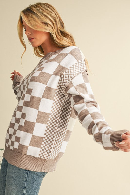 Checkered Drop Shoulder Round Neck Sweater - Charming Charlie