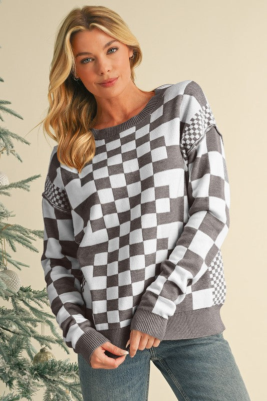 Checkered Drop Shoulder Round Neck Sweater - Charming Charlie