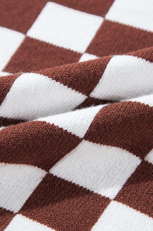 Checkered Drop Shoulder Round Neck Sweater - Charming Charlie