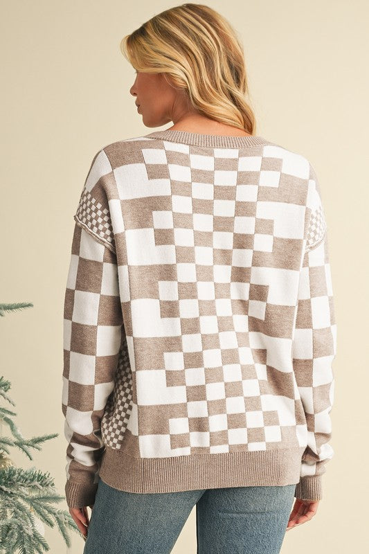 Checkered Drop Shoulder Round Neck Sweater - Charming Charlie