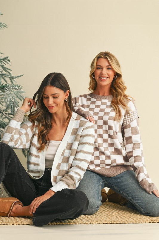 Checkered Drop Shoulder Round Neck Sweater - Charming Charlie