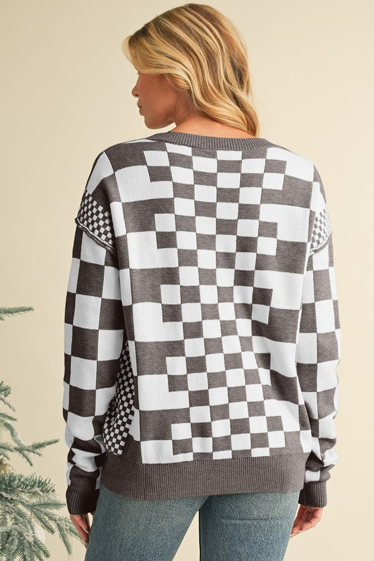 Checkered Drop Shoulder Round Neck Sweater - Charming Charlie