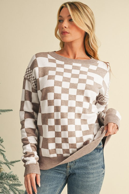 Checkered Drop Shoulder Round Neck Sweater - Charming Charlie