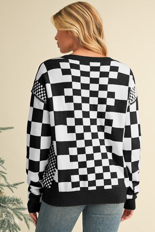 Checkered Drop Shoulder Round Neck Sweater - Charming Charlie