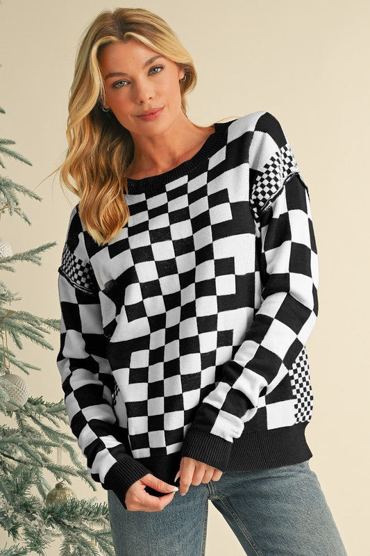 Checkered Drop Shoulder Round Neck Sweater - Charming Charlie