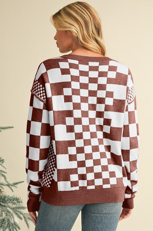 Checkered Drop Shoulder Round Neck Sweater - Charming Charlie