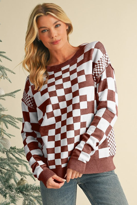 Checkered Drop Shoulder Round Neck Sweater - Charming Charlie