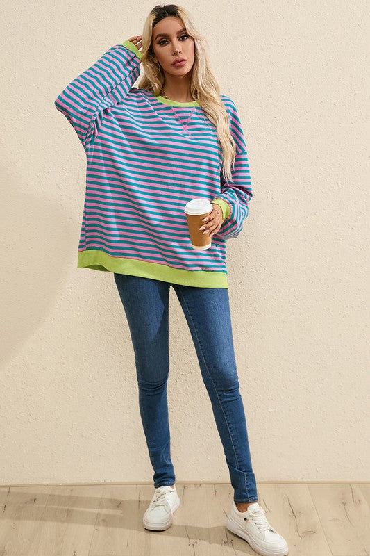 Women Oversized Contrast Trim Pullover Sweatshirt - Charming Charlie