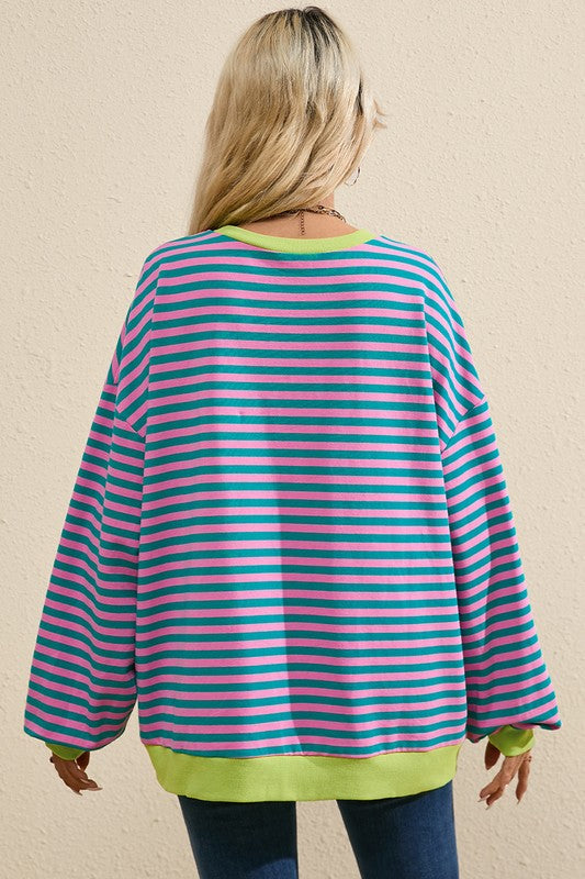 Women Oversized Contrast Trim Pullover Sweatshirt - Charming Charlie