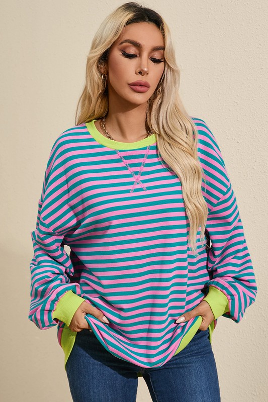 Women Oversized Contrast Trim Pullover Sweatshirt - Charming Charlie