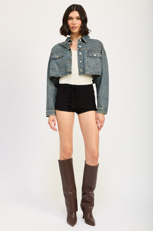 EMBROIDERED DENIM CROP JACKET - Charming Charlie