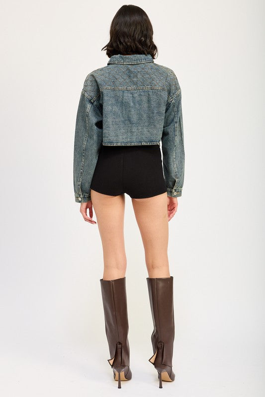 EMBROIDERED DENIM CROP JACKET - Charming Charlie
