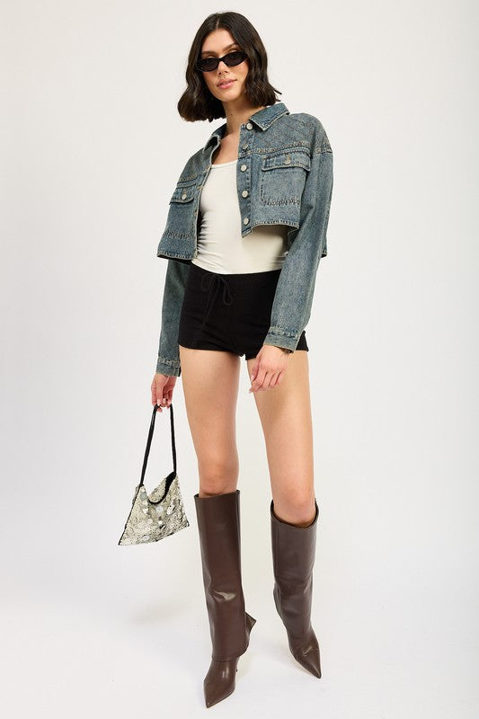 EMBROIDERED DENIM CROP JACKET - Charming Charlie