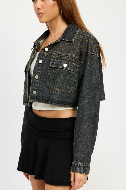 EMBROIDERED DENIM CROP JACKET - Charming Charlie