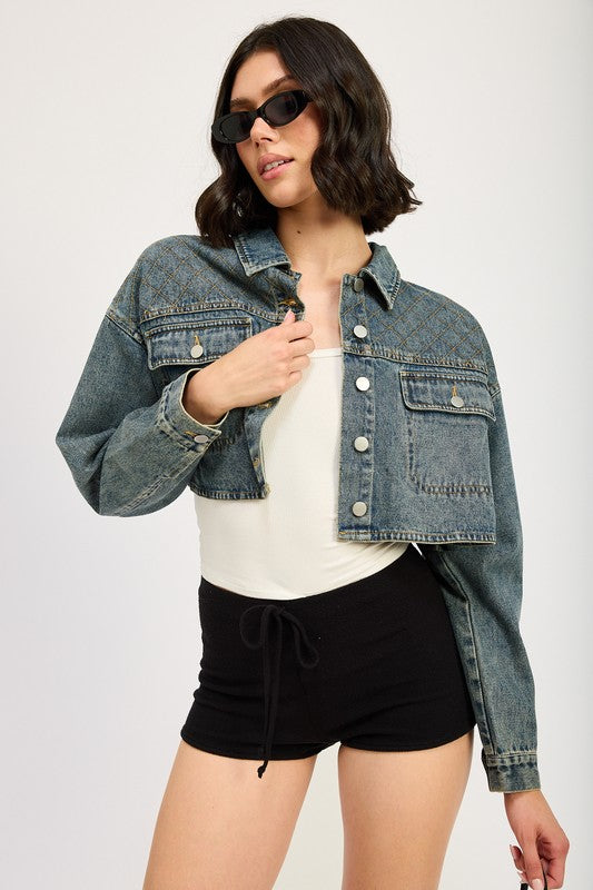 EMBROIDERED DENIM CROP JACKET - Charming Charlie