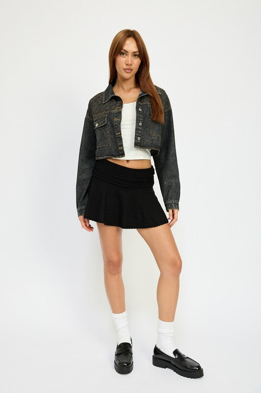 EMBROIDERED DENIM CROP JACKET - Charming Charlie