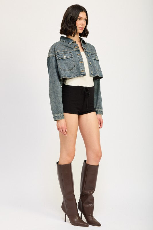 EMBROIDERED DENIM CROP JACKET - Charming Charlie