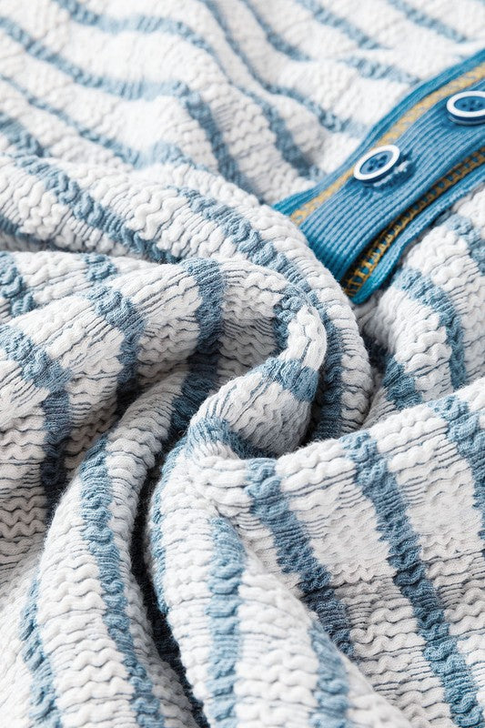 Stripe Textured Long Sleeve Henley Top - Charming Charlie