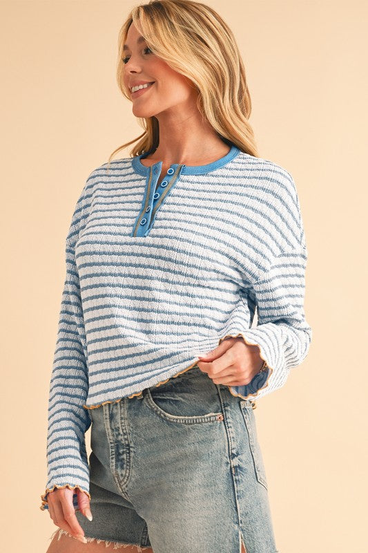 Stripe Textured Long Sleeve Henley Top - Charming Charlie