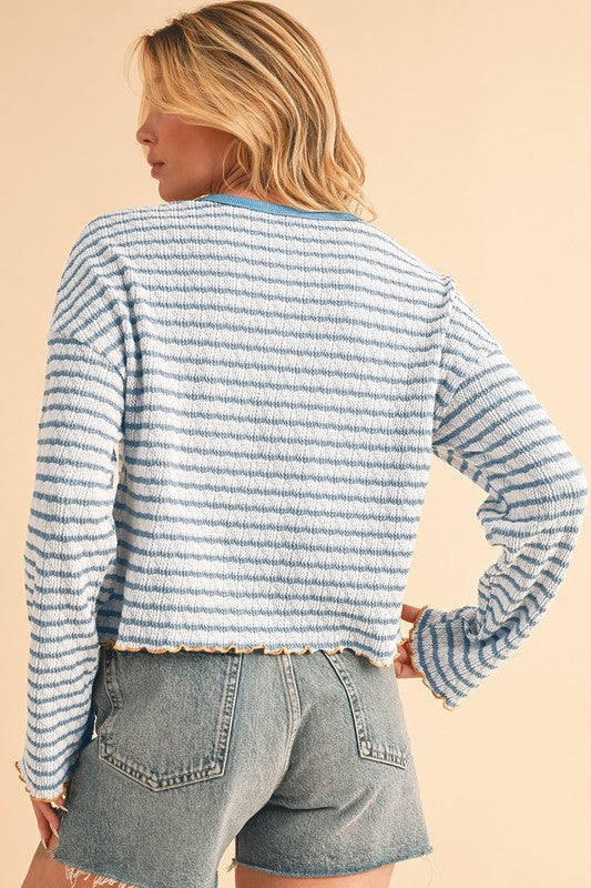 Stripe Textured Long Sleeve Henley Top - Charming Charlie