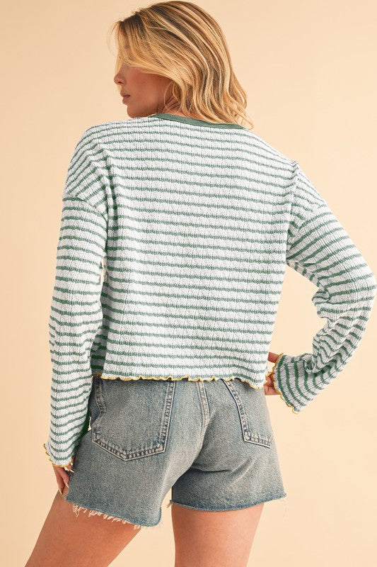 Stripe Textured Long Sleeve Henley Top - Charming Charlie