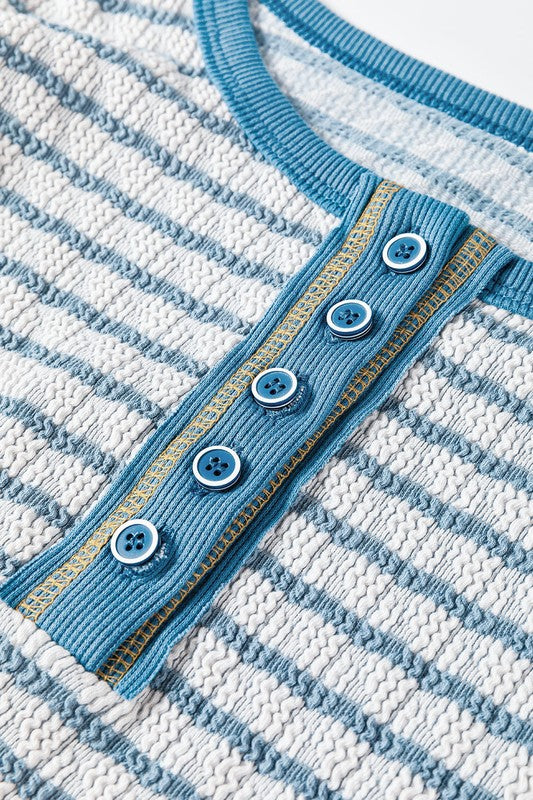 Stripe Textured Long Sleeve Henley Top - Charming Charlie