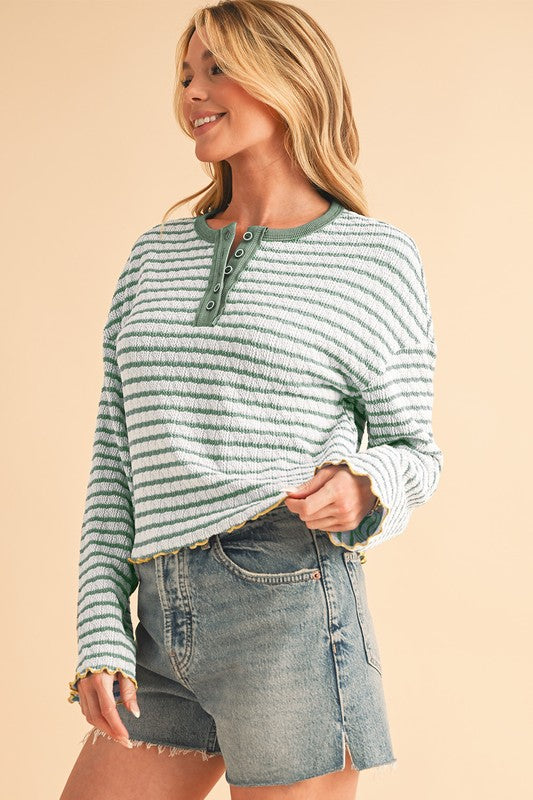 Stripe Textured Long Sleeve Henley Top - Charming Charlie