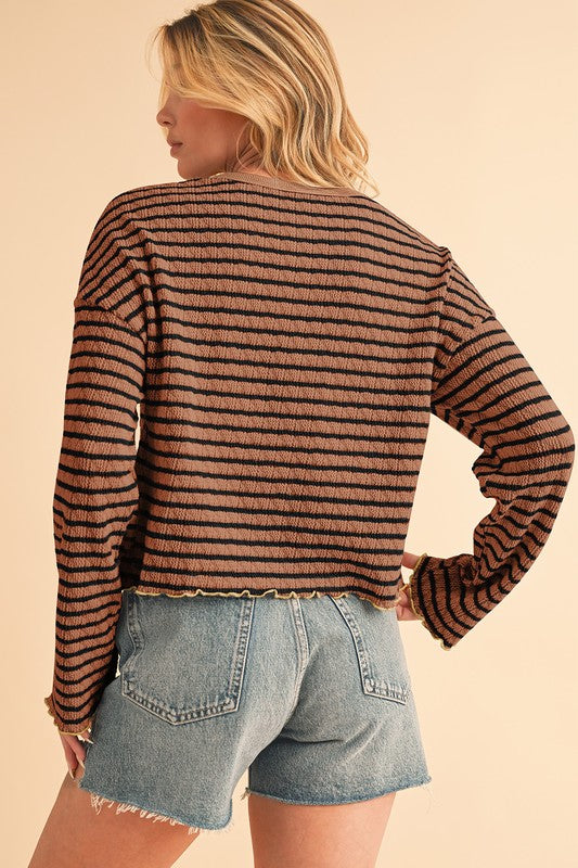 Stripe Textured Long Sleeve Henley Top - Charming Charlie