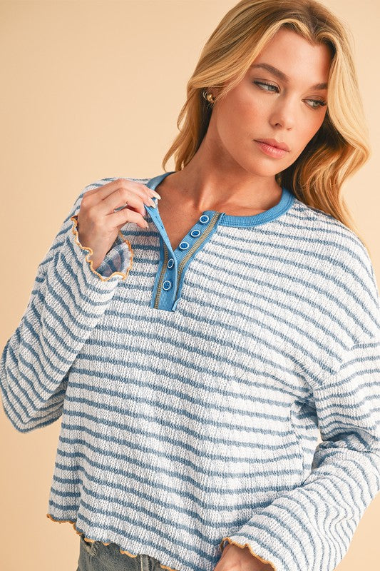 Stripe Textured Long Sleeve Henley Top - Charming Charlie