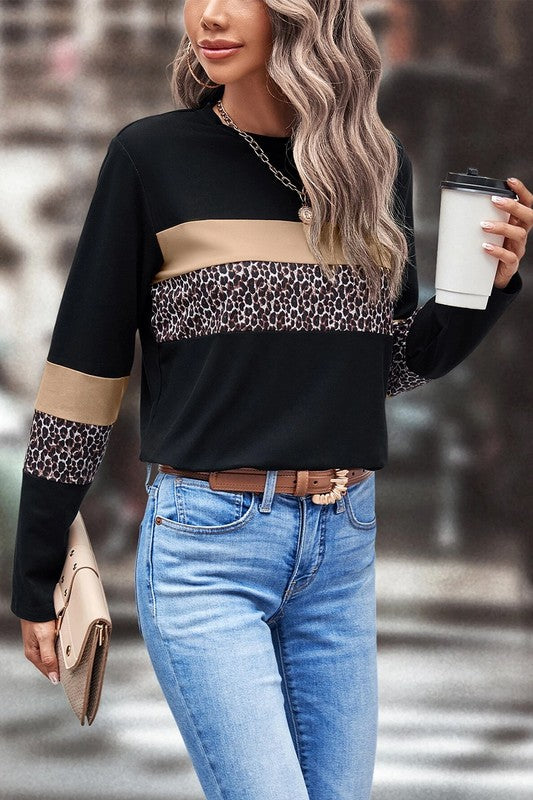 Leopard Colorblock Patchwork Crew Neck Top - Charming Charlie